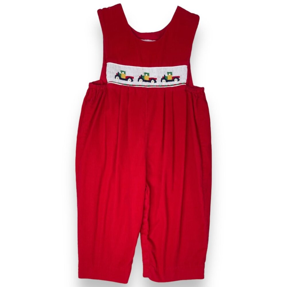 Vintage House of Hatten Color Block Farm Truck Smocked Longalls Romper 18m